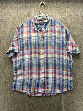 Ralph Lauren Shirt Mens Large Blue Plaid Short Sleeve Button Front Casual Woven